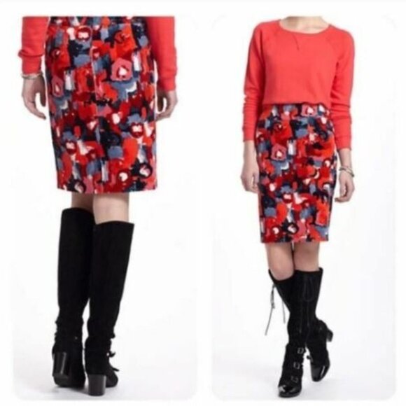 Anthropologie Vanessa Virginia Red Floral Corduroy Knee length pencil skirt Sz 8 - Picture 3 of 16
